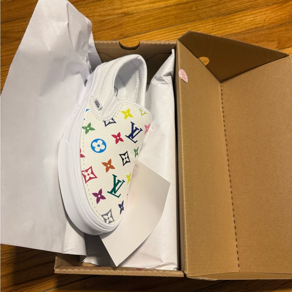 Custom Murakami Louis Vuitton print Vans True White Classic Slip-On Sneakers